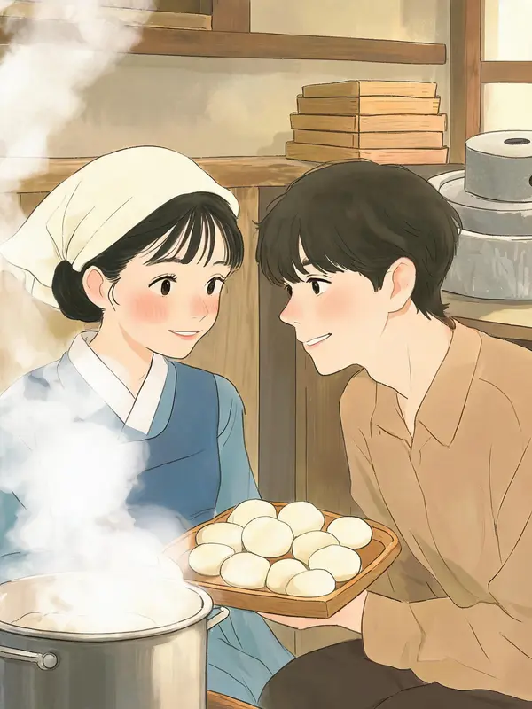 김이 오르는 떡을 나눠 먹는다